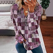 billige Kunst og design topper-Damer Quarter Zipper Genser Pullover Denim Print Aktiv Gateklær Rosa Blå Lilla Geometrisk Gate V-hals Langermet