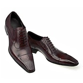 cheap Formal-Men&#039;s Black Faux Leather Oxford Dress Shoes - Classic Cap Toe Design with Brogue Detailing, Perfect for Formal Events, Weddings, and Business Attire