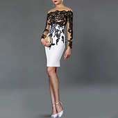ieftine Rochii Cocktail-Rochii de cocktail tip sheath rochie elegantă lungime până la ceai cu mânecă lungă off shoulder fabrică elastică cu aplicații
