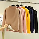 economico T-shirt semplice-Per donna Maglieria intima Camicia di fondo Tinta unica Caldo sfocato Pile Sherpa Manica lunga A collo alto Collo di pile Top regolari Strada Informale Nero Giallo Rosa Blu marino Cachi Autunno