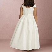 billige Blomsterpikekjoler-Strandbryllup A-Linje Gulvlengde Blomsterpikekjole Første Kommunion Jenters Søte Prom Kjole Satin med Drapering Elegant Passform 3-16 År Kjole å imponere