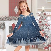 abordables Vestido con visión brillante en 3D-Niños Chica Vestido de Navidad Vestido Vestido de copo de nieve Copo Manga Larga Regalos de Navidad Casual Cuello redondo Adorable Diario Poliéster Sobre la rodilla Vestido informal Vestido de