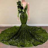 preiswerte ROT-Meerjungfrau Abendkleid Pailletten Elegantes Kleid Verlobung Formelles Abendkleid Gerichtsschleppe Langarm Ein Schulter Maskeradenkleid