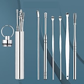 baratos Cuidados Pessoais &amp; Saúde-kit de remoção de cera de ouvido remoção de cera de ouvido 6 em 1 ferramentas de palheta de orelha reutilizável limpador de orelha de aço inoxidável conjunto de palheta de ouvido com caixa de chaveiro utilitário para usar