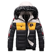 preiswerte Daunenjacken &amp; Parkas für Herren-Herren puffer jacket Steppjacke übergangsjacke Strickjacke Winterjacke Pelzkragen Zip Tasche Urlaub Ausgehen Casual Warm Draussen Bequem Winter Buchstabe Schwarz matt Schwarz Gelb Rote Pufferjacke