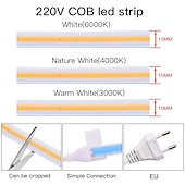 abordables Luces de tira COB-tira de luces led cob 220v impermeable decoración al aire libre ra 80 high brig 220v impermeable decoración al aire libre 360 leds/m ra 80 alto brillo 3000k 4000k 6000k cinta flexible fob luz