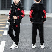 preiswerte Sets-3 Stück kinderkleidung Jungen Kapuzenpulli &amp; Hose Outfit Buchstabe Langarm Set Casual Cool Casual Winter Herbst 7-13 Jahre Big M doppelseitiger Samt (dreiteiliges Set) rot Big M doppelseitiger Samt