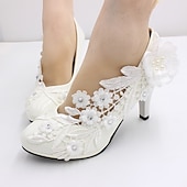 abordables Semiformal-Tacones de boda blancos para mujer: adornos florales de encaje con detalles de perlas y diamantes de imitación, perfectos para novias y ocasiones especiales