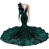 preiswerte ROT-Meerjungfrau Abendkleid Pailletten Elegantes Kleid Verlobung Formelles Abendkleid Gerichtsschleppe Langarm Ein Schulter Maskeradenkleid