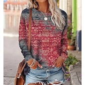 Χαμηλού Κόστους Boho t-shirt-Γυναικεία Μπλουζάκι Γραφική Βίντατζ Etnic Μακρυμάνικο Στρογγυλή Λαιμόκοψη Κανονικά μπλουζάκια Καθημερινά Σαββατοκύριακο Στάμπα Ρουμπίνι Θαλασσί Βυσσινί Πορτοκαλί Πράσινο του τριφυλλιού