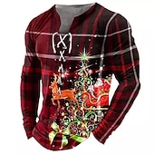 Christmas Men's Christmas Scene Henley T Shirt Graphic Tee Santa Claus Plaid Check Collar Red 3D Print Outdoor Long Sleeve Lace Up Clothing Cotton3