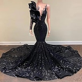 preiswerte ROT-Meerjungfrau Abendkleid Pailletten Elegantes Kleid Verlobung Formelles Abendkleid Gerichtsschleppe Langarm Ein Schulter Maskeradenkleid