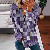 billige Kunst og design topper-Damer Quarter Zipper Genser Pullover Denim Print Aktiv Gateklær Rosa Blå Lilla Geometrisk Gate V-hals Langermet