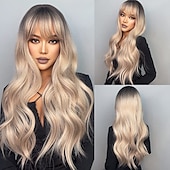 cheap Synthetic Trendy Wigs-Long Auburn Wig with Bangs Layered Curly Orange Wigs for Women Natural Synthetic Wigs for Daily Use