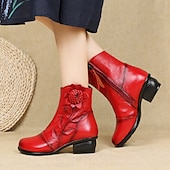 tanie Buty do kostki-czerwone skórzane botki damskie z aplikacją kwiatową – krótkie botki vintage na średnim obcasie do codziennych i eleganckich stylizacji