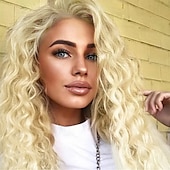 economico Parrucche trendy sintetiche-parrucca ondulata lunga riccia ombre parrucche biondo platino per le donne capelli sciolti ondulati parrucche sintetiche resistenti al calore glueless per l&#039;uso quotidiano delle feste