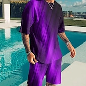 お買い得  メンズプリントTシャツセット-男性用 カラーブロック グラフィック 2個 ティーセット マッチングセット 半袖 ショートパンツ クルーネック ベーシック クラシック 快適 アウトドア ストリート 日常 3Dプリント 夏 春 ルビーレッド パープル