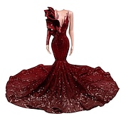 preiswerte ROT-Meerjungfrau Abendkleid Pailletten Elegantes Kleid Verlobung Formelles Abendkleid Gerichtsschleppe Langarm Ein Schulter Maskeradenkleid