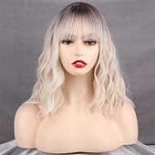 preiswerte Trendige synthetische Perücken-kurze platinblonde Damenperücken weißblonde gewellte Perücke mit Pony mittellange platinblonde gewellte Synthetikperücke für den täglichen Gebrauch