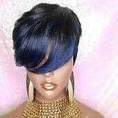 economico Parrucche di altissima qualità-parrucca pixie cut con frangia capelli umani 1b / blu 9a parrucche brasiliane per capelli umani glueless parrucche ombre brasiliane corte dritte parrucche africane americane senza pizzo anteriore
