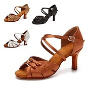 お買い得  ラテンダンスシューズ-女性用サテンラテンダンスシューズ | クロスストラップデザインとバックル留めのタンオープントゥの社交ダンスヒール - サルサ、タンゴ、パフォーマンスダンスに最適