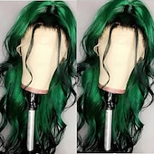 abordables Perruques Synthétiques Sans Bonnet-perruques vertes pour femmes remplacement de cheveux résistant à la chaleur vague de corps profonde perruque partie moyenne synthétique petite perruque de lacet pour la fête de noël perruque de fête