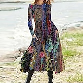 cheap Art&amp;Design Dress-Women&#039;s Midi Dress Casual Dress Winter Dress Swing Dress Vacation Fashion Basic Formal Vacation Party Regular Fit Tie Dye Color Gradient Long Sleeve Crew Neck Yellow Blue Camel Purple