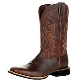 tanie Kowboj i zachodnie buty-męskie brązowe haftowane kowbojskie buty ze sztucznej skóry w stylu western - klasyczny, wytrzymały styl rodeo z kwadratowymi noskami do rancza i noszenia na zewnątrz