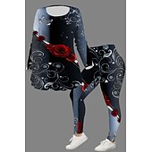 cheap Two Piece Sets-Women&#039;s 2 Pieces Casual Set Long Sleeve Crew Neck Floral Print Daily Going out Weekend Black And White Gray Black Black Fall Regular Fit