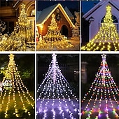 abordables Luces de Navidad-Cadena de luces para árbol de Navidad, decoración al aire libre, cadena de luces de estrellas, 8 modos de enchufe, 350 led, cascada, árbol de Navidad, topper de estrella, luz de hadas para patio,