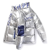 billiga Herrdunjackor och -parkas-Herr Pufferjacka Vadderad Anorak Ficka Mönster Ficka med blixtlås Utomhussport Resa Kort Elegant och modernt Utomhus Ledigt / vardag Vinter Bokstav Silver Svart Gul Pufferjacka