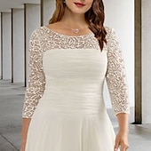 voordelige Vloerlengte-Strand Bruiloft A-Lijn Plus Size Curve Moeder van de Bruid Jurken Elegante Jurk Formele Bruiloft Gast Theelengte 3/4 Lengte Mouw Juwel Hals Chiffon met Geraffineerd Pailletten Sequin gratis op maat