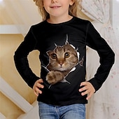 halpa Tyttöjen 3D Eläimet-Lapset Tyttöjen T-paita Eläin Kausaliteetti 3D-tulostus Pitkähihainen Crewneck söpö tyyli 7-13 vuotta Syksy Musta Valkoinen Norsunluu