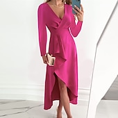 voordelige Werkjurken-dameswerkjurk midi-jurk zwart rood fuchsia lange mouw pure kleur ruche zomer lente herfst v-hals stijlvolle zomerjurk dagelijks vakantie 2023 s m l xl xxl