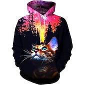 abordables Estampado animal-Hombre Graphic Caricatura Gato Sudadera Sudaderas Activo Estilo lindo Manga Larga Con Capucha Diario Azul vaquero Negro Bolsillo delantero Diseñador