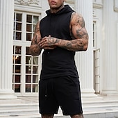 baratos Conjuntos de Camisas para Homem-Homens Ternos-Camiseta Moletom Camisa de tênis Conjunto de shorts e camiseta Sem Manga Manga Curta Com Capuz Verão Cor Sólida Esportes Designer Roupa de Esporte Com Cordão 2 Peças Ao ar livre Rua