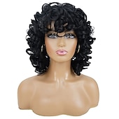 baratos Perucas de Qualidade Superior-perucas curtas encaracoladas para mulheres negras peruca preta macia grande encaracolada com franja cachos afro crespos resistentes ao calor peruca sintética de aparência natural para mulheres