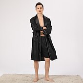 voordelige Ochtendjassen-Voor heren Grote maten Gewaad Zijden jurk Badjassen Zijden Kimono 2-delig Golven Eenvoudig Comfortabel Huis Dagelijks Faux Zijde Polyester Geschenk Revers Lange mouw Gewaad Top Korte broek Zak