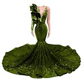 preiswerte ROT-Meerjungfrau Abendkleid Pailletten Elegantes Kleid Verlobung Formelles Abendkleid Gerichtsschleppe Langarm Ein Schulter Maskeradenkleid