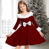 preiswerte Weihnachtskleider für Kinder-kinderkleidung Mädchen Kleid Feste Farbe Langarm Casual Pelzkragen Rundhalsausschnitt bezaubernd Täglich Polyester Übers Knie Casual kleid Schaukelkleid A Linie Kleid Herbst Winter 2-13 Jahre Schwarz