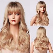 cheap Synthetic Trendy Wigs-Long Auburn Wig with Bangs Layered Curly Orange Wigs for Women Natural Synthetic Wigs for Daily Use