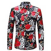 economico Giorno dei Morti Costume-Per uomo Rosa Floreale Teschi Camicia Manica lunga Di tendenza Originale Informale Halloween Strada Informale Autunno inverno Collo ripiegabile Stampa Bottone giù Nero e rosso Vinaccia Nero Bianco