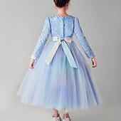 halpa Mekot kukakkoristeilla-Lapset Tyttöjen Kukkatyttömekko Juhlamekko Yhtenäinen väri Kukka Pitkähihainen Suoritus Häät Juhla Paljetti Solmio solmu Tyylikäs Prinsessa Polyesteri Maxi Tyllimekko Kukkatytön mekko Kevät Syksy
