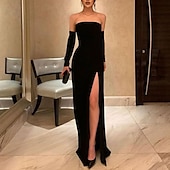 olcso Fekete-Köpeny Fekete Ruhák Estélyi Ruha Elegáns Ruha Eljegyzés Bál Padlós Hosszú Ujjú Ujjatlan Strapless Őszi Esküvői Vendég Nyúlik Anyaggal Hasítékkal Maszkabál Ruha
