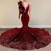 preiswerte ROT-Meerjungfrau Abendkleid Pailletten Elegantes Kleid Verlobung Formelles Abendkleid Gerichtsschleppe Langarm Ein Schulter Maskeradenkleid