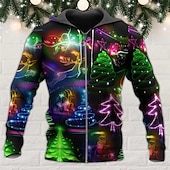 abordables Tenue de Père Noël-Sweat à capuche 3D Père Noël pour homme, veste entièrement zippée, noir, jaune, rouge, violet, imprimé graphique Père Noël, fermeture éclair moche, imprimé sport&amp;amp;extérieur quotidien