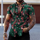 billiga Tropiska växter-Herr Grafisk Löv Tropiska växter Skjorta Hawaii skjorta Aloha skjorta Kortärmad Skjorta Nedvikt Mode Designer Ledigt Gata Dagligen Helgdag Röd grön Svart Svart / Purpur 3D-tryck S M L