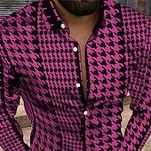 billiga Geometriska mönster-Herr Geometriska mönster Årgång Skjorta Knapp upp skjorta Långärmad Mode Designer Ledigt Dagligen Helgdag Helgen Vår &amp; sommar Nedvikt 3D Button-Down Svartvit Gul Svart / Purpur Rubinrött Marinblå