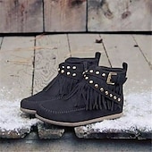 ieftine Botine-Botine de damă maro din piele întoarsă artificială cu franjuri - stil boho, cu cureaua cu împodobire și fermoar lateral pentru moda casual de toamnă
