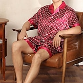 halpa Yöpuvut-Miesten Uniasut Yöpukusarja Silkkipyjama Pyjama toppi ja shortsit 1set Pilkku Yksinkertainen Mukavuus Koti Päivittäin Tekosilkki Hengittävä Kauluskäänne Lyhythihainen Shortsit Tasku Syksy Kevät Viini